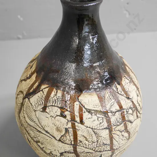 studio pottery vase with textured finish with drip glaze H-270 W-200