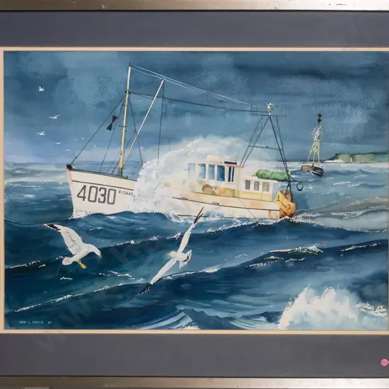 Ian L Mills '87 - framed watercolour - fishing boat H-520 W-720