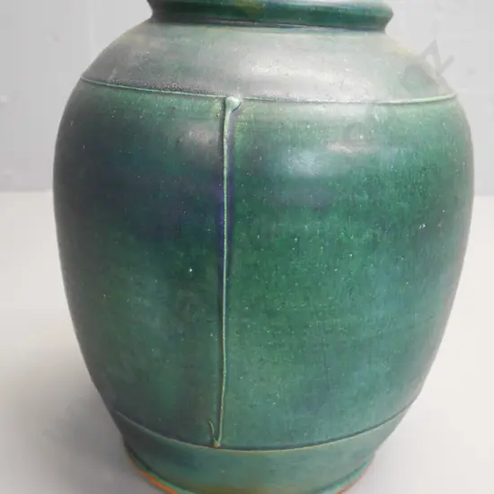studio pottery green glazed vase - signed E Fisher H-280 Diam-210
