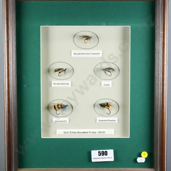 framed display of mounted fishing flies - Gut-eyed salmon fly designs circa 1910, modern frame H-400 W-350
