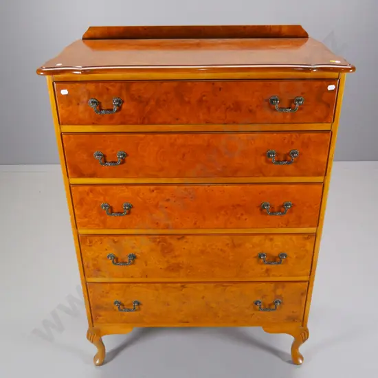 mahogany 5-drawer tallboy w/ burr walnut top and drawer fronts - some marks to top H-1150 W-810 D-430