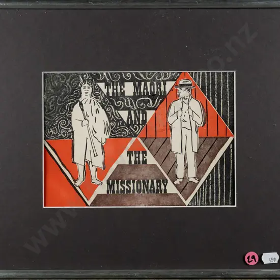 framed School Bulletin Cover 1954 by Nan Reid - "The Maori and the Missionary" H-140 W-200