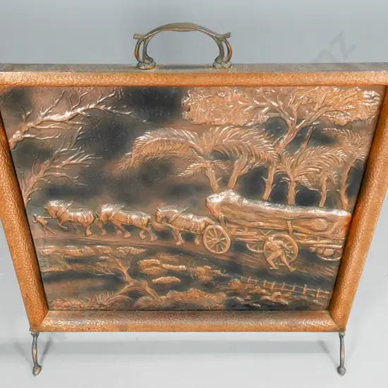 beaten copper fireguard - logging scene H-790 W-700