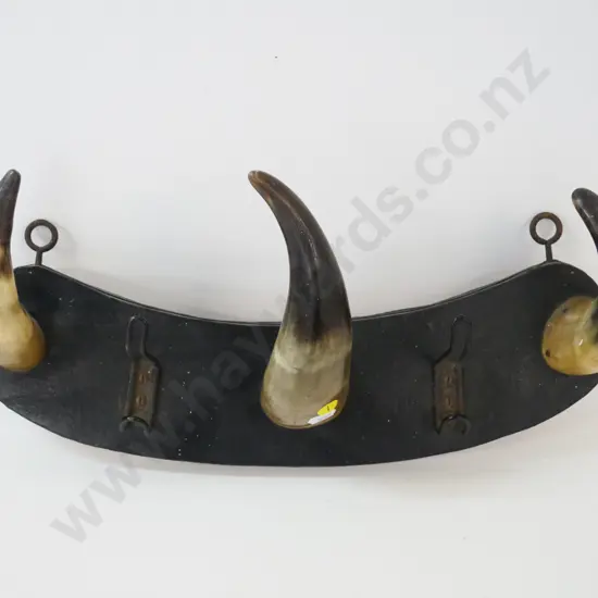 vintage cattle-horn coat rack - 3 horns & 2 metal hooks on leatherette-covered board, made in Holland H-170 W-430