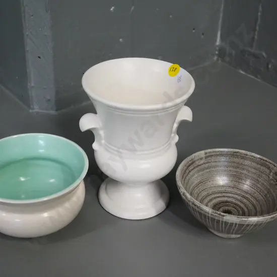 3 pieces of pottery - Hanmer dish, Poole dish, and a (Crown Lynn?) urn vase H-145