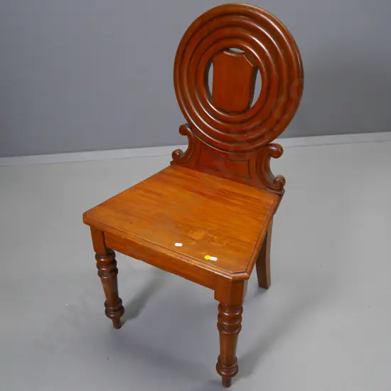 solid timber hall chair with circular back and turned legs H-920 W-480 D-420