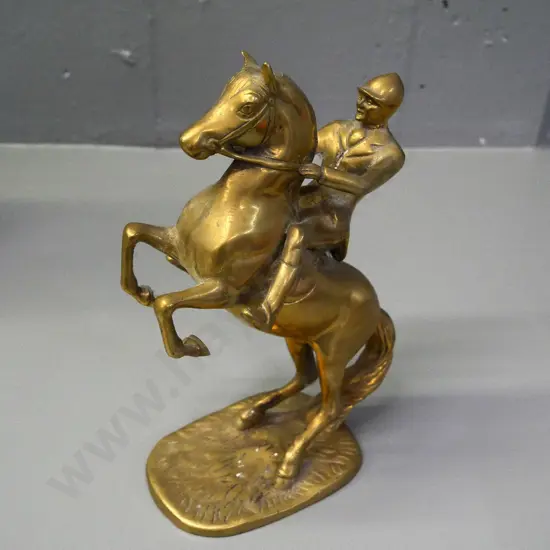small cast brass rearing horse and rider figure H-220