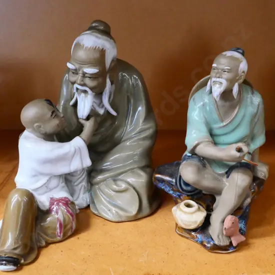 2 "mud" pottery figures - old man with young boy and a fishermen