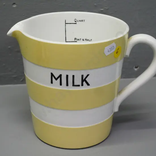 Cornish ware green mark milk jug - yellow and white stripe with measuring marks inside H-150 W-190