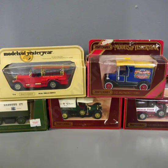 5 boxed Matchbox Models of Yesteryear die-cast vehicles - 4 delivery vans and a fire engine