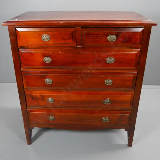 pine 6-drawer bedroom chest with metal drop handles, some wear to polish H-1220 W-1090 W-530