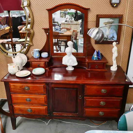 pine dressing table with tilt mirror, 8 drawers & cabinet, metal drop handles H-1600 W-1470 D-530