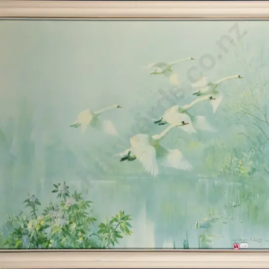 framed Vernon Ward print - swans H-500 W-600