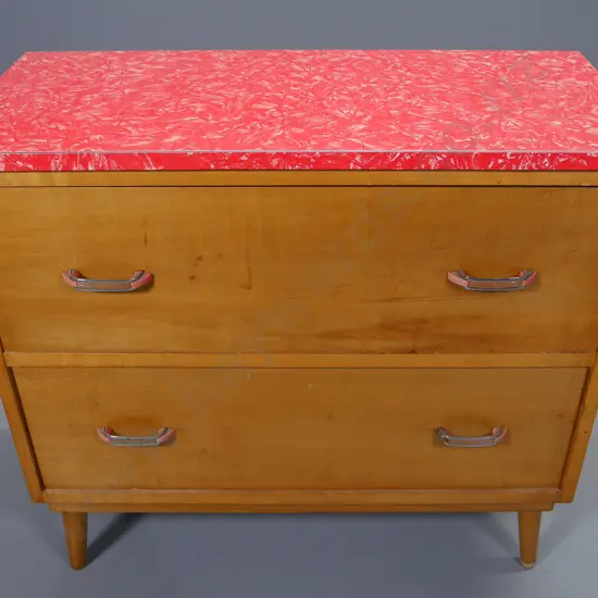 retro blonde timber 2-drawer chest with red formica top, chrome and plastic handles H-760 W-640 D-380