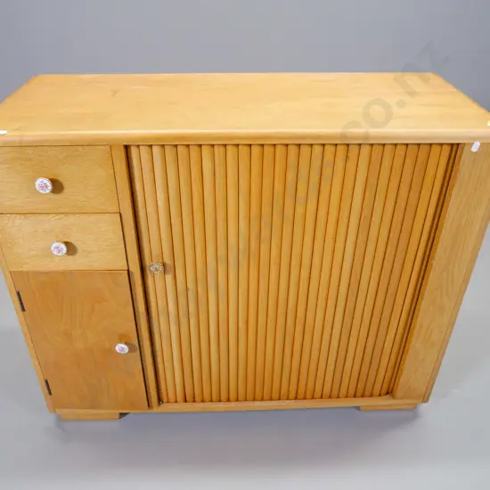 retro blonde oak small sideboard with tambour door (sticks) 2 drawers, cabinet door, mismatched handles H760 W940 D370
