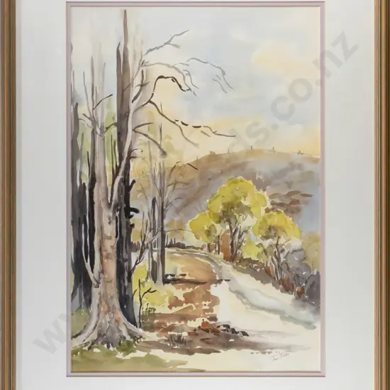 Joan Elder - framed watercolour  "Tree Trunks"  H-520 W-350