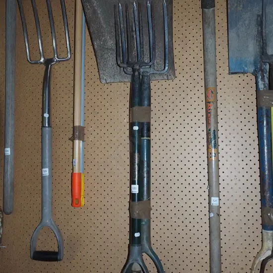 wide mouth short handled shovel, 2x garden forks