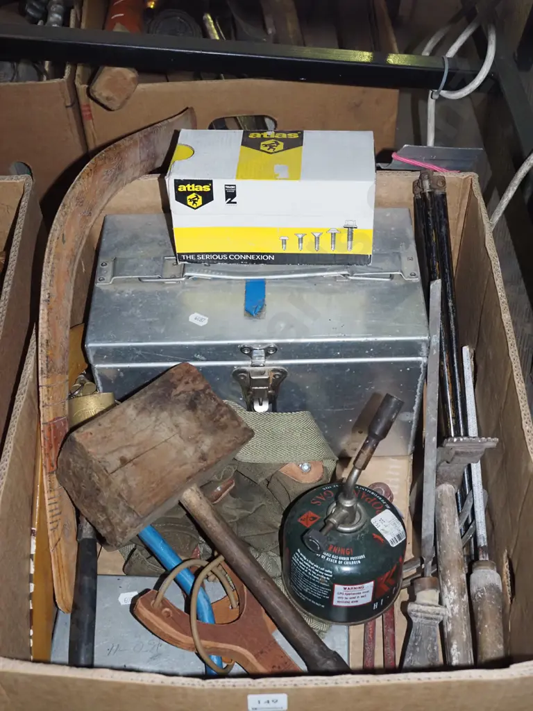box; tin, tool box, gas burner, wooden mallet etc Image 1++