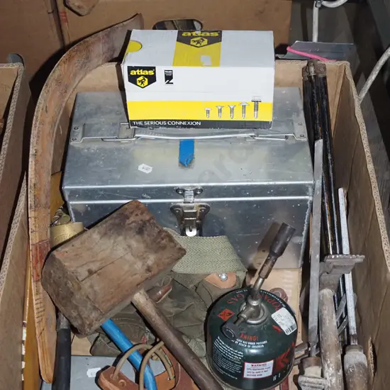 box; tin, tool box, gas burner, wooden mallet etc