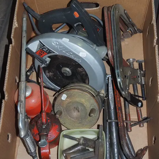 box; vintage fishing reel, skilsaw, G clamps etc