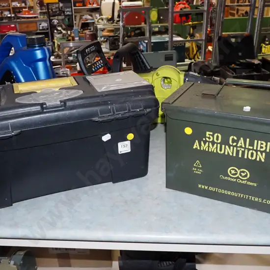 plastic tool box, ammunition tin - yellow dots