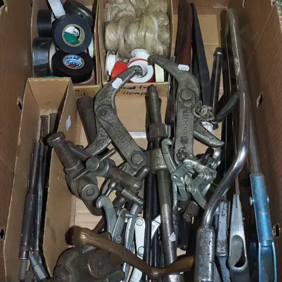 box; hand saws, insulation tape, spring clamps etc