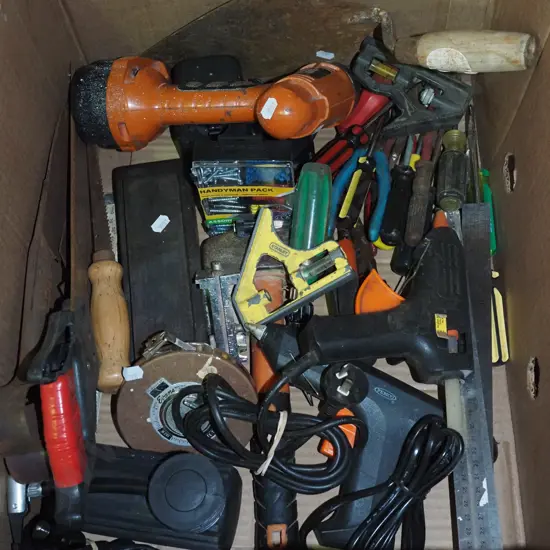box; glue guns, rulers, screwdrivers etc