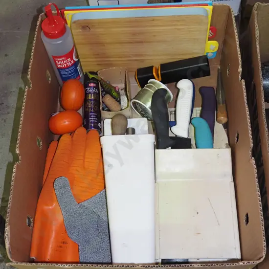 box; various knives, rubber gloves etc