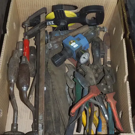 box; F clamps, 50ml tape, tin snips etc