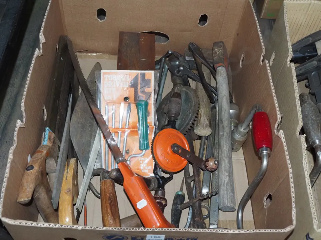 box; eggbeater drill, hatchets, hammers etc Image 1++