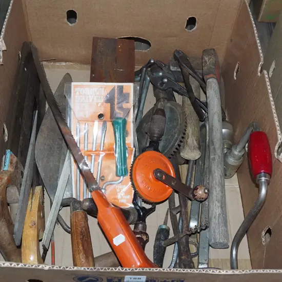box; eggbeater drill, hatchets, hammers etc