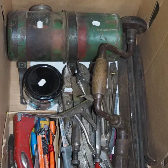 box; tyre levers, craft knives, vice grips etc