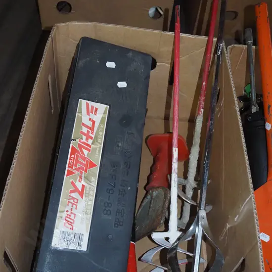 box; cold chisel, paint stirrers, pulleys etc