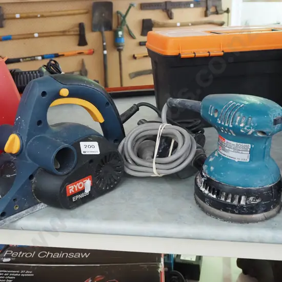 small Ryobi electric planer, Makita orbital sander