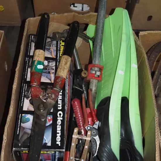 box; car vacuum cleaner, hedge trimmers secateurs etc