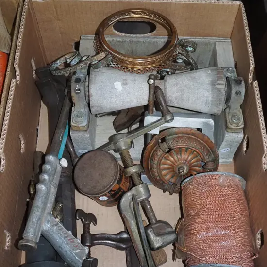 box; copper chain, wooden rollers, clamps etc