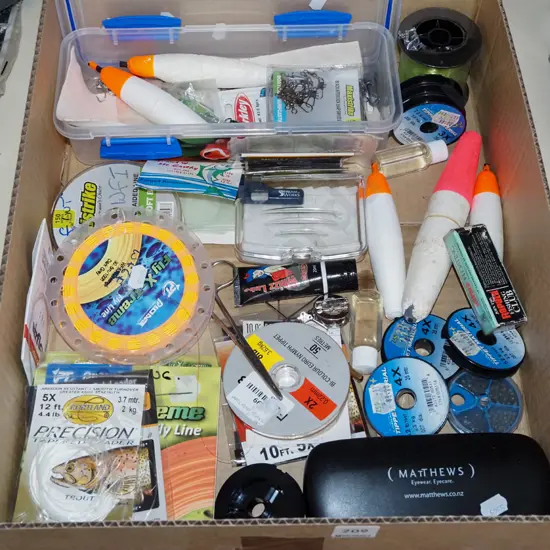 box; fishing accessories, lines, floats, lube etc