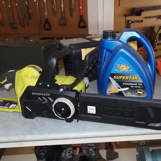 Ryobi brushless battery powered chainsaw, chain bar oil - no battery