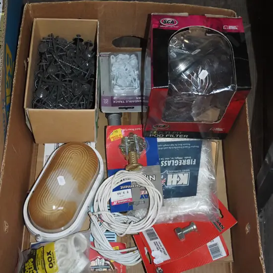 box; roofing nails, light fittings, pod filter etc