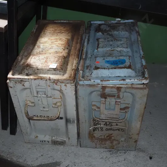 2x large rusty ammunition cases - red dots