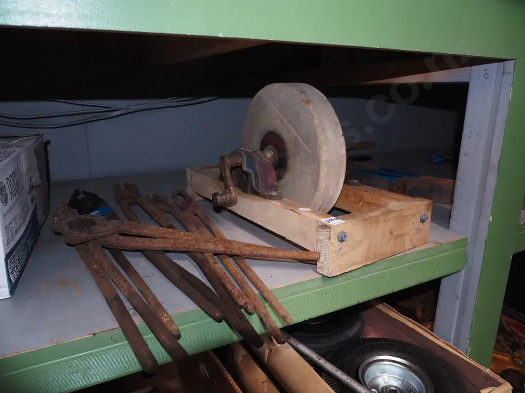 blacksmith tongs and wood framed sharpening/grinding wheel Image 1++