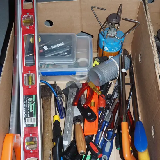 box; hammer, builders level etc