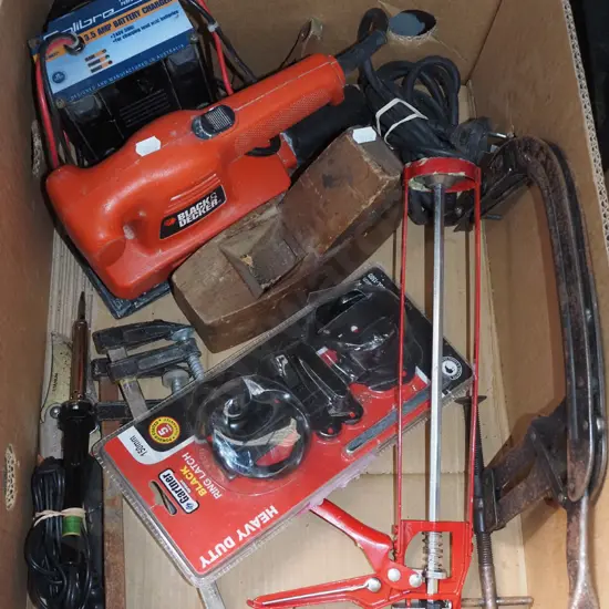 box; battery charger, orbital sander, soldering iron etc