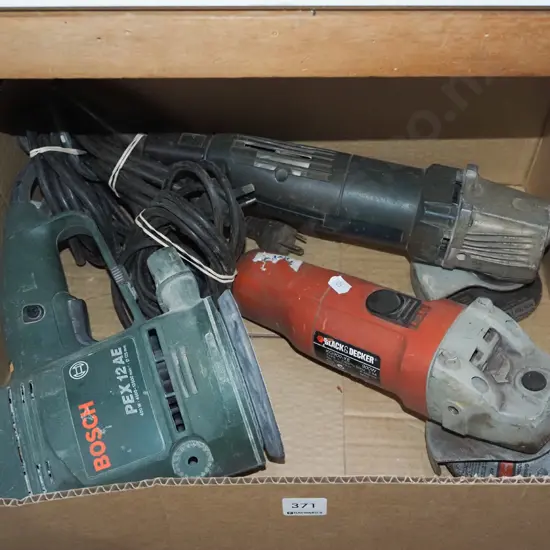 box; orbital sander, 2x angle grinders