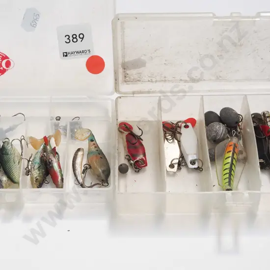 2x cased fishing lures - red dots