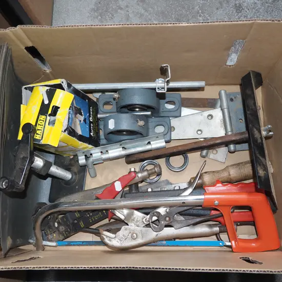 box; pop riveter, hack saw, dowel jig etc