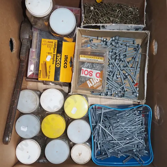box; plumber's stilson, nails, screws etc