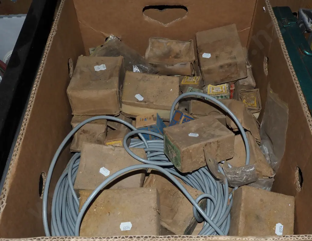 box; various boxes of vintage screws, electrical wire Image 1++