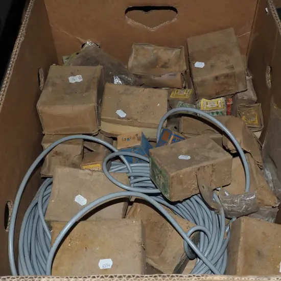 box; various boxes of vintage screws, electrical wire