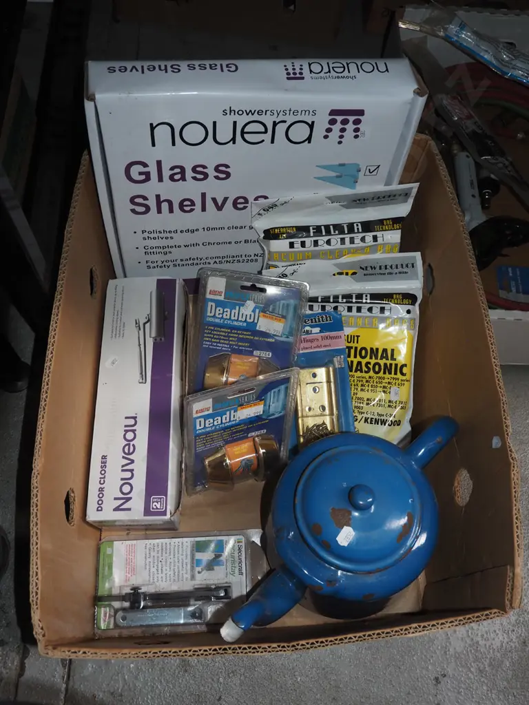 box; glass shower shelves, dead bolts, enamel teapot etc Image 1++